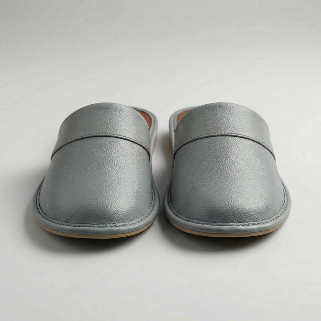 Närbild på mjukt tyg och sömmar på grå slip-on tofflor för män