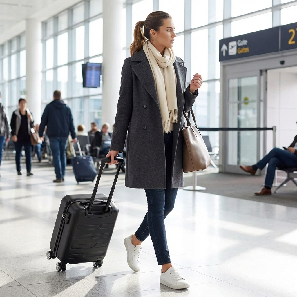 Kvinna som drar en svart kompakt hårdskal kabinväska på en flygplats