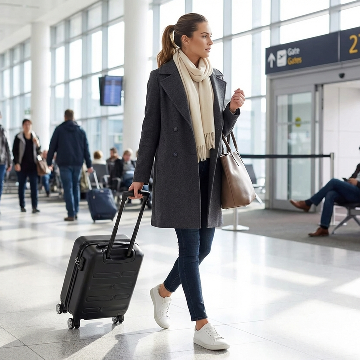 Kvinna som drar en svart kompakt hårdskal kabinväska på en flygplats