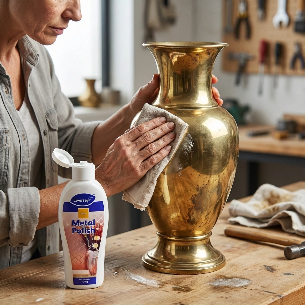 Person som polerar en guldfärgad metallvas med flytande metallpolish