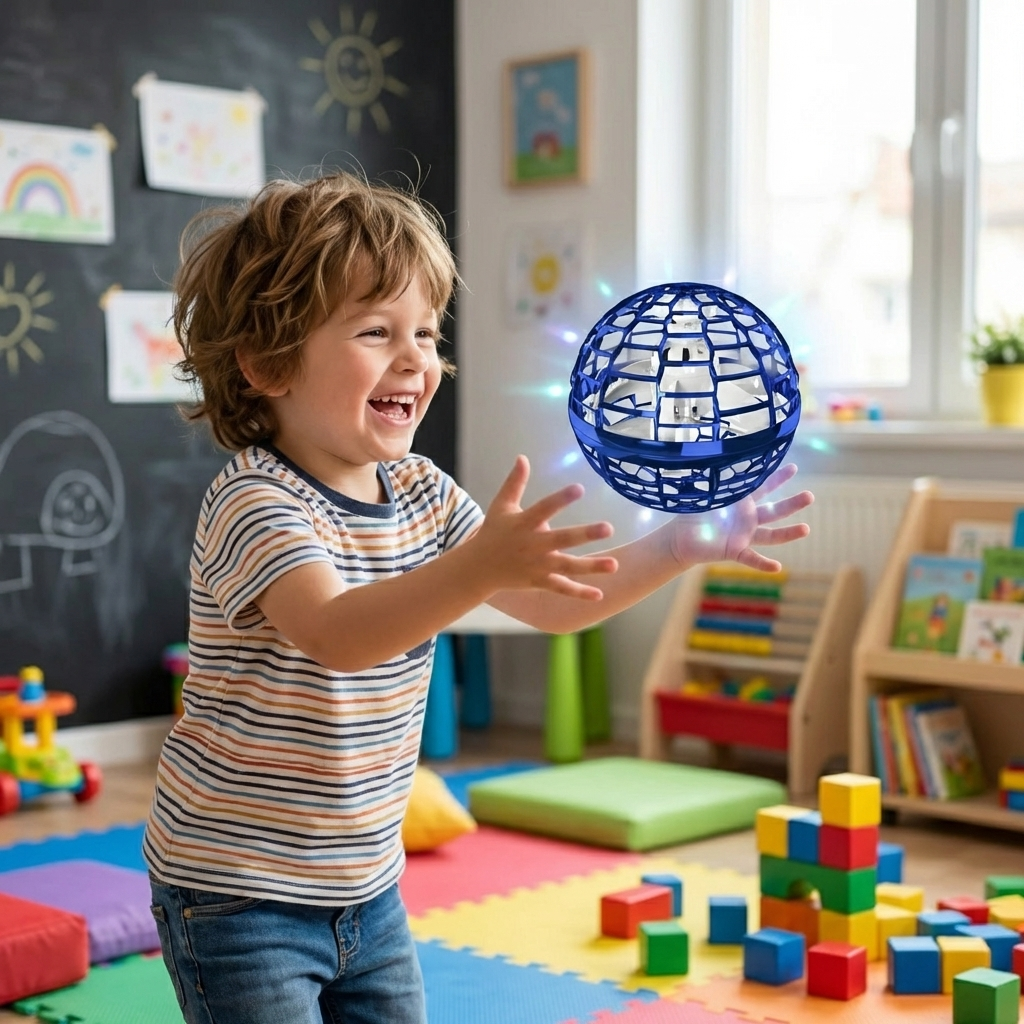Ett glatt barn som leker med en blå svävande orb inomhus i ett lekrum