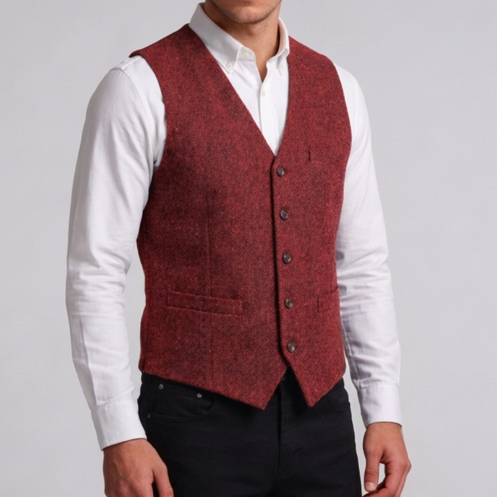 Modell i smart-casual stil som bär en skräddarsydd kostymväst