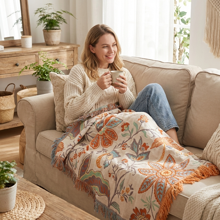 Kvinna som sitter i soffa med mysig blommig filt i boho-stil