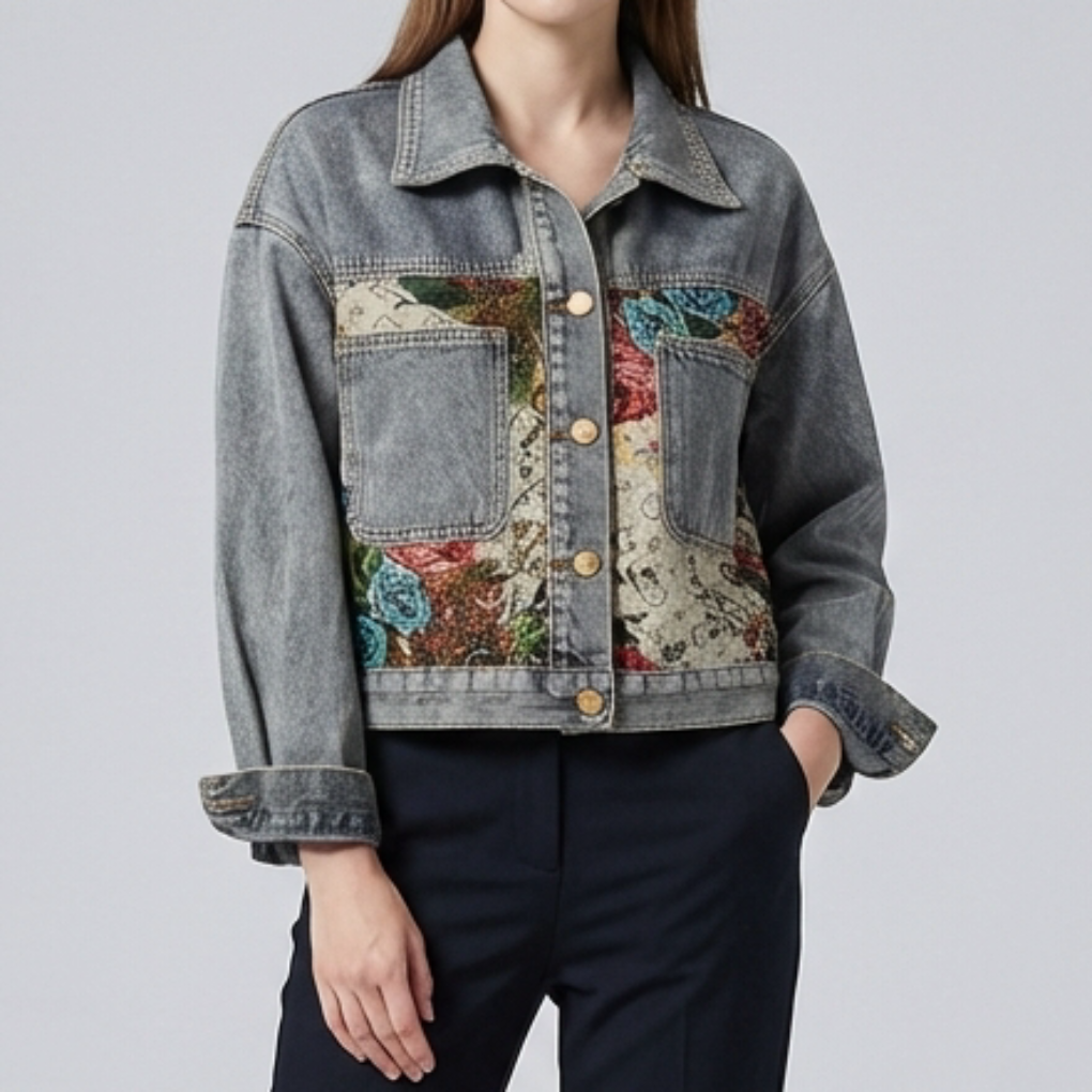 Studiobild av den ljusblå denimjackan med broderade blommor