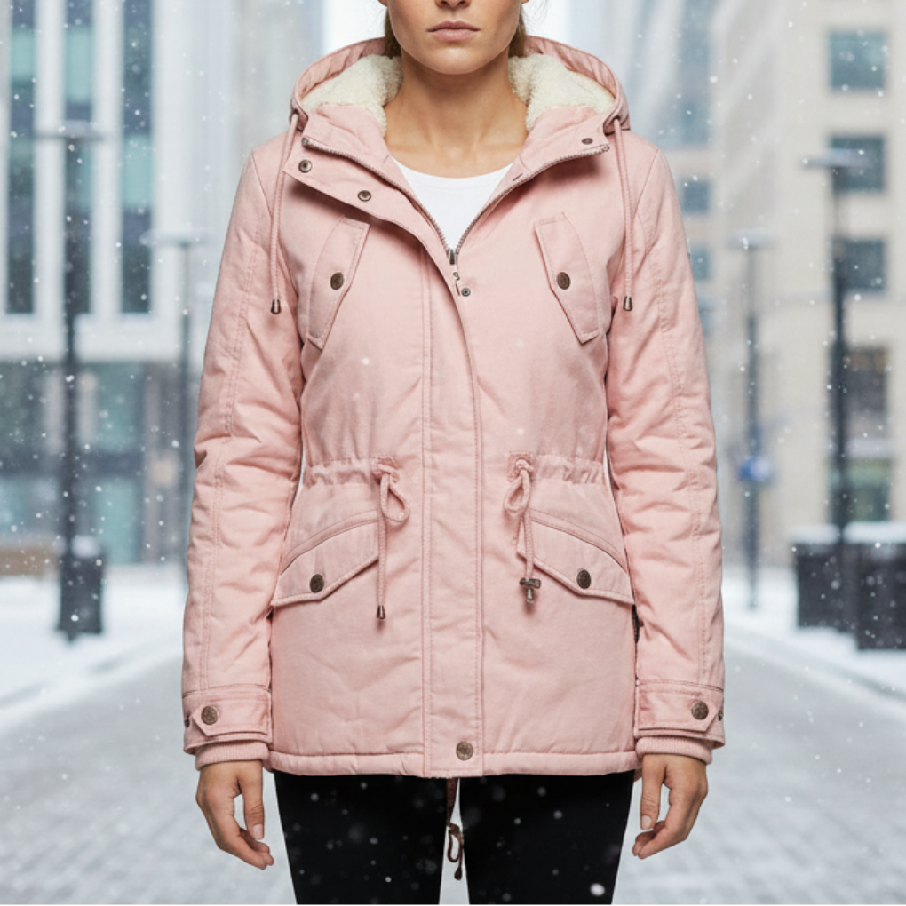 Kvinna i rosa vattenavvisande vinterjacka utomhus i snö