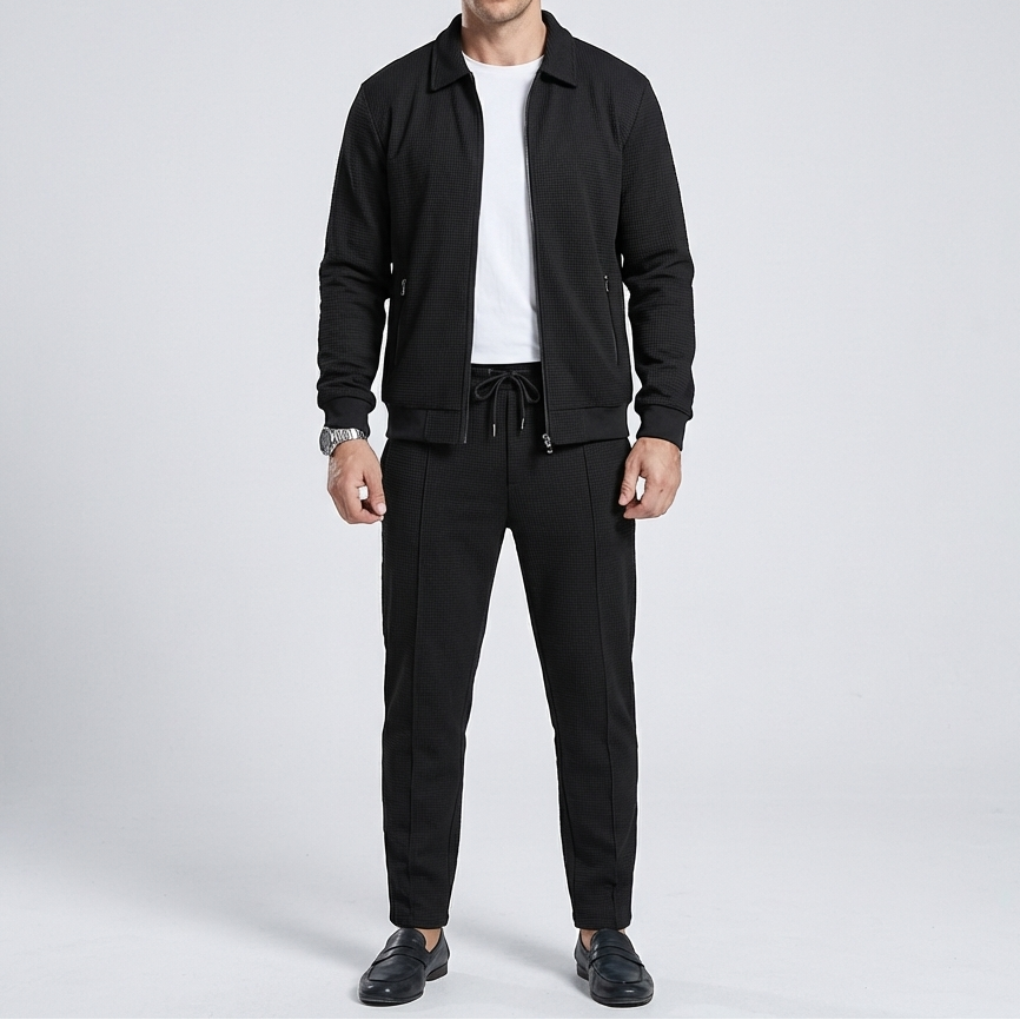 Slim fit kostym för män i detaljbild som visar kavajens slag och knäppning