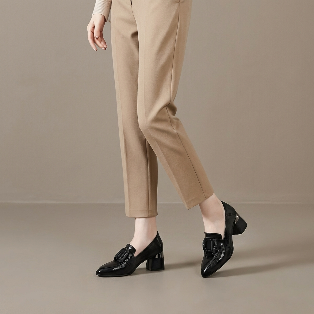 Närbild på eleganta dam loafers i brunt läder med fin dekor på ovandelen