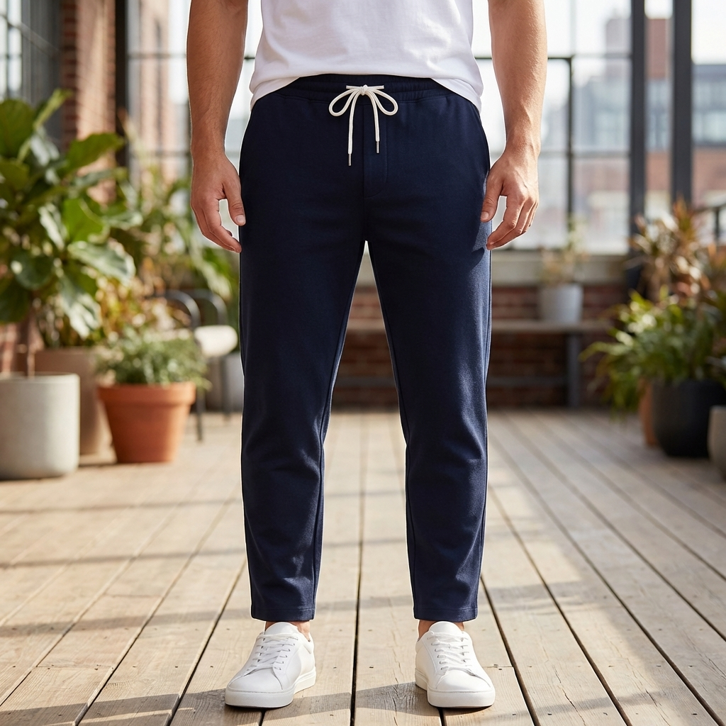 Man i marinblå slim fit byxor framifrån
