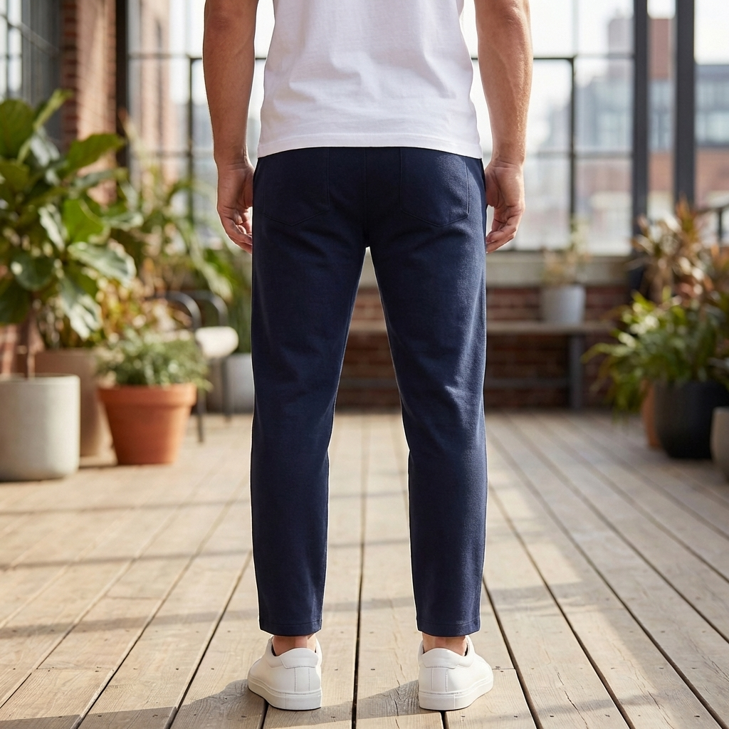 Man i marinblå slim fit byxor bakifrån