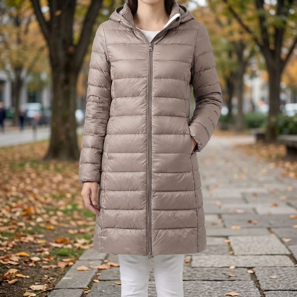 Damjacka med avtagbar huva i beige färg visad utomhus