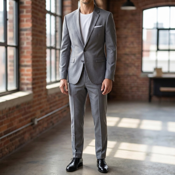 Man iklädd en elegant grå herrkostym med matchande blazer och byxor i en industriell lokal