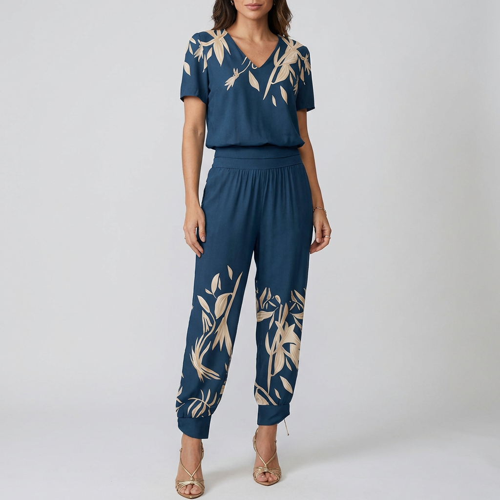 Kvinna i blå blommig jumpsuit med korta ärmar