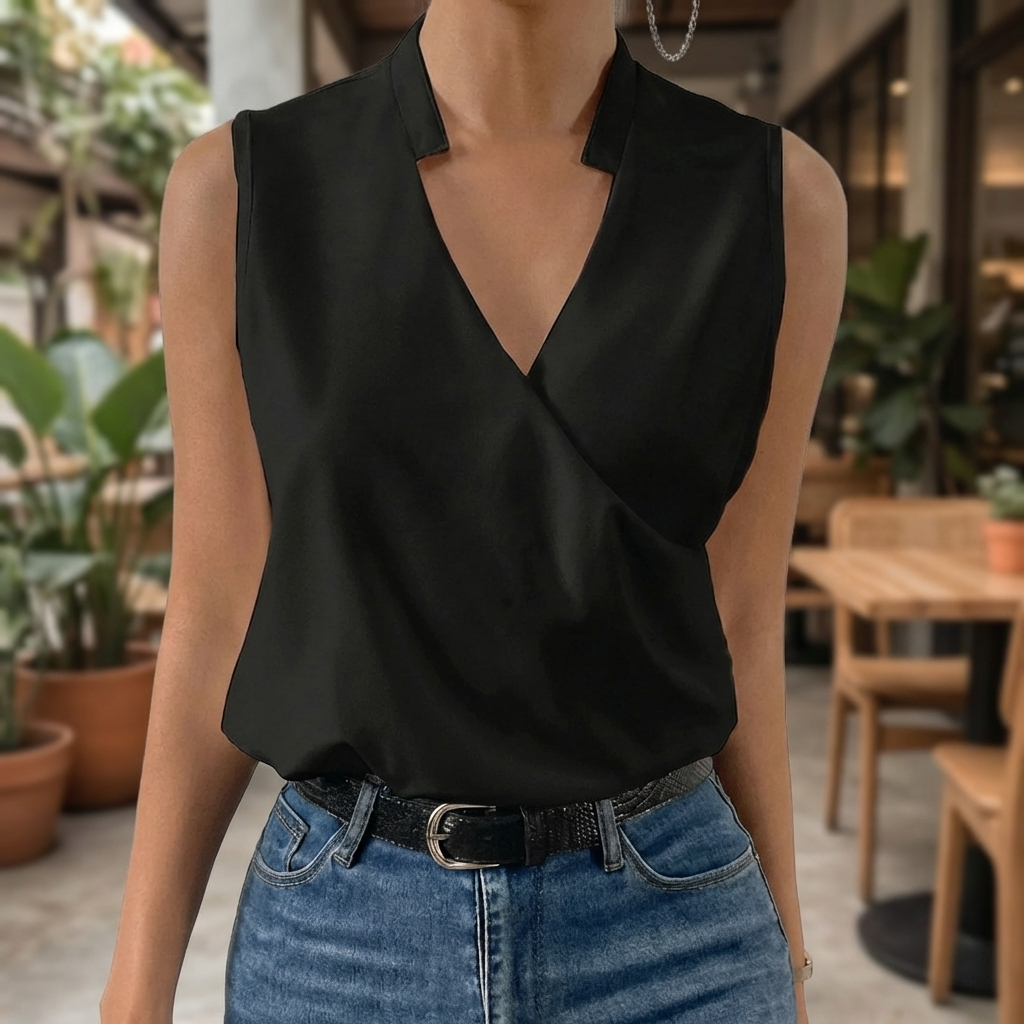 Chic ärmlös damtopp i svart framifrån buren med jeans