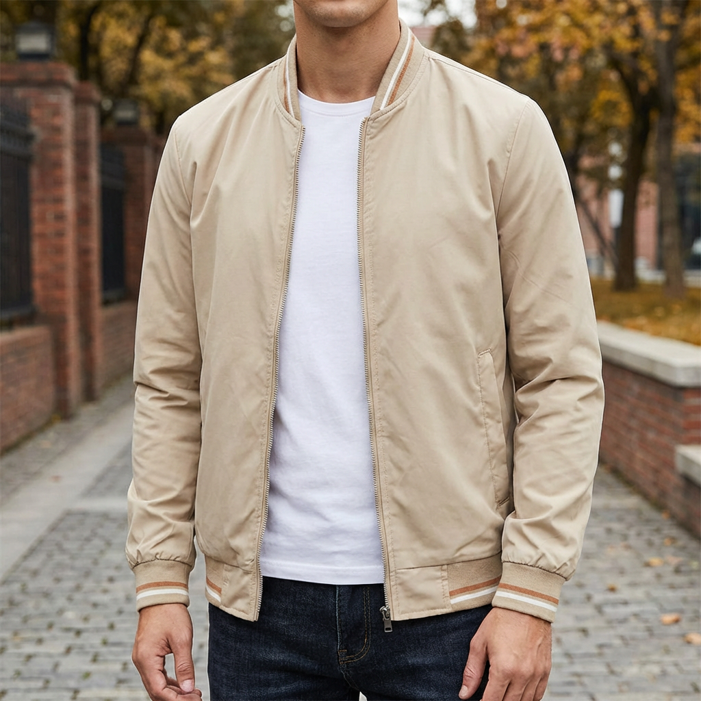 Man i beige UrbanFlex bomberjacka utomhus