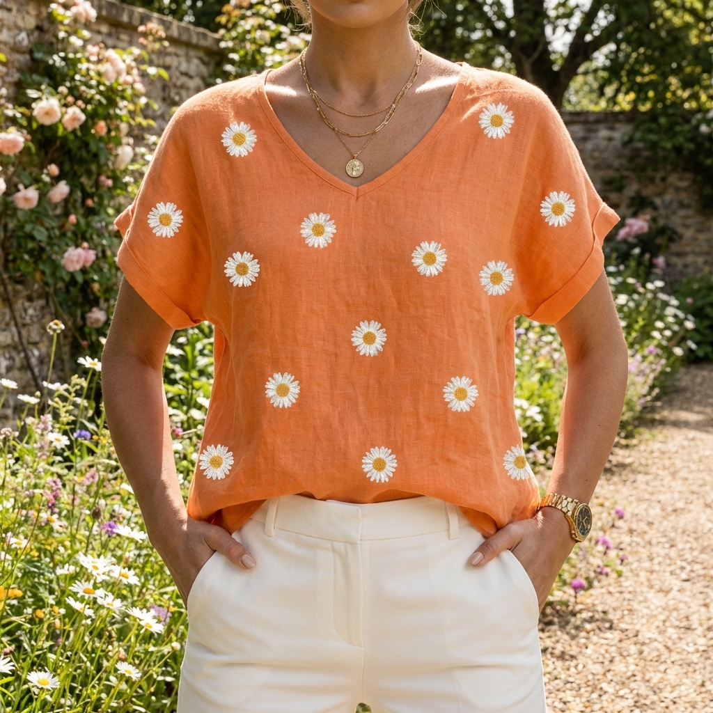 Kvinna i orange blus med blomstertryck utomhus