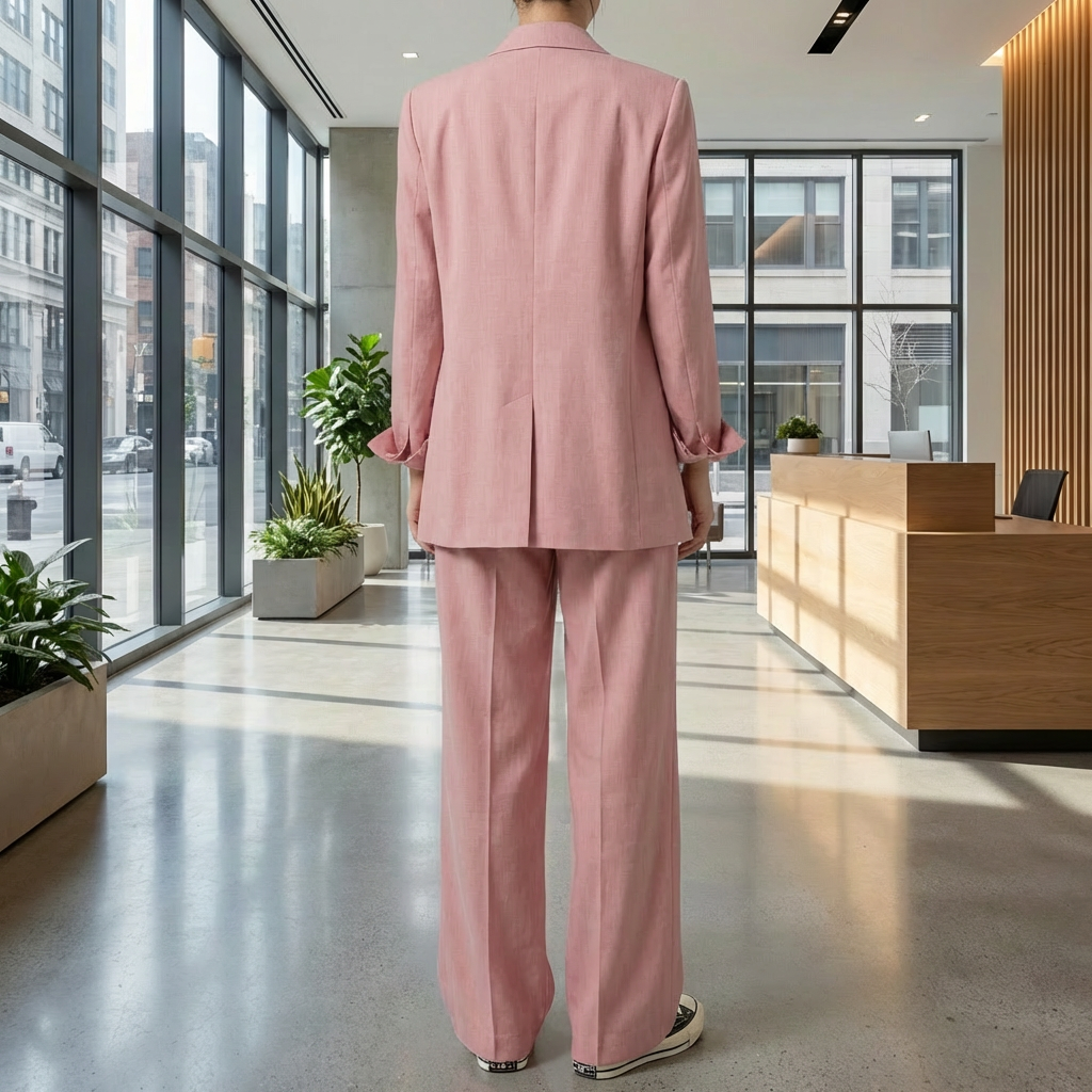 Bakifrån på modell i rosa tvådelad damdräkt