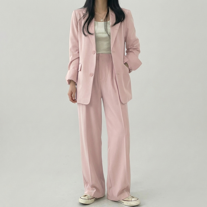 Helbild på modell i rosa damdräkt mot neutral bakgrund