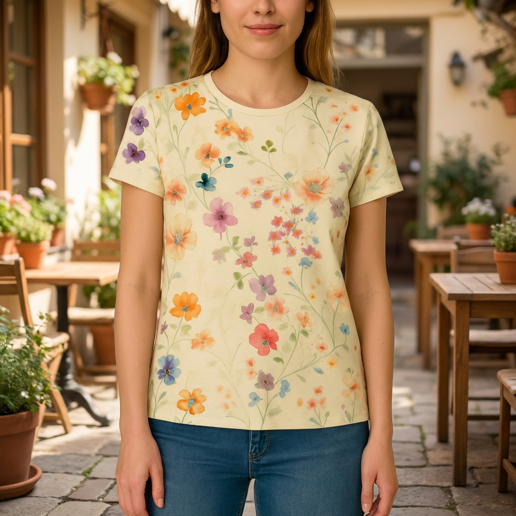 Kvinna i en ljusgul blommig t-shirt och blå jeans utomhus