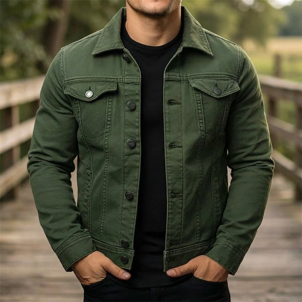 Man bär en armégrön denimjacka utomhus på en bro
