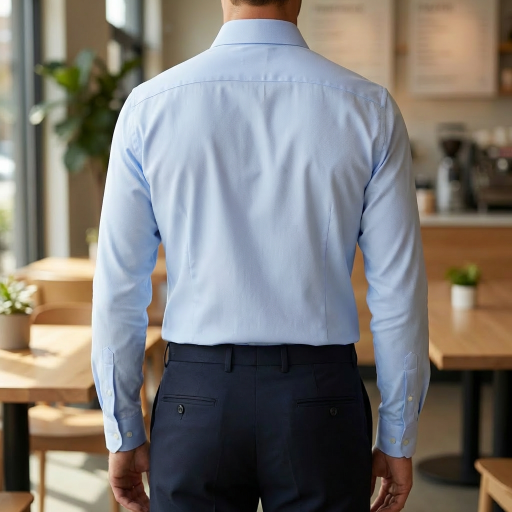 Man i ljusblå slim fit långärmad skjorta bakifrån [[lstfy-media:2]]