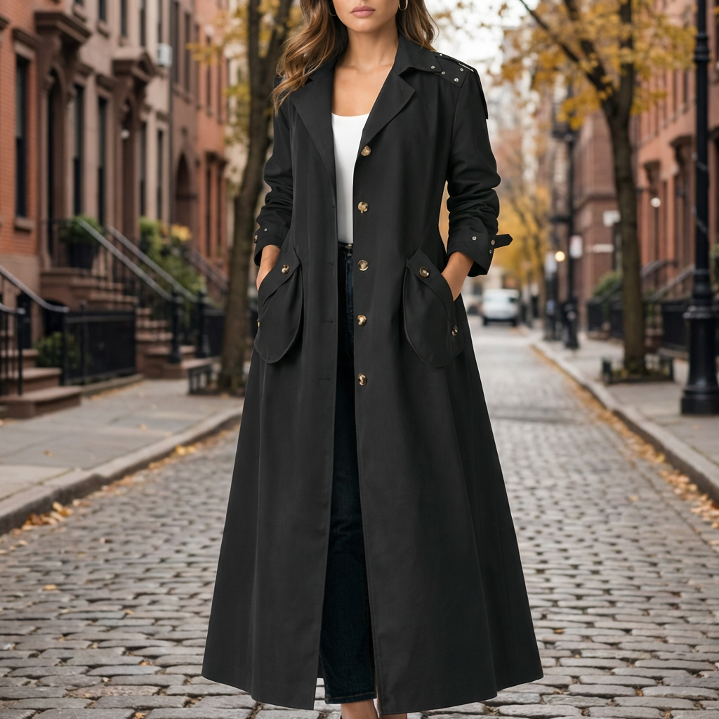 Kvinna som bkommer i en svart trenchcoat med huva på gata