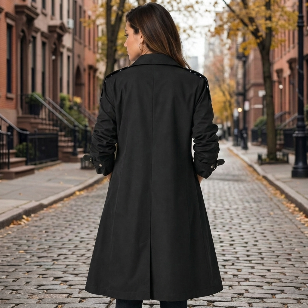 Baksidesvy av dam trenchcoat med huva i svart