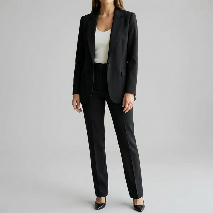 Svart blazer och byx set för kvinnor visat i helfigur