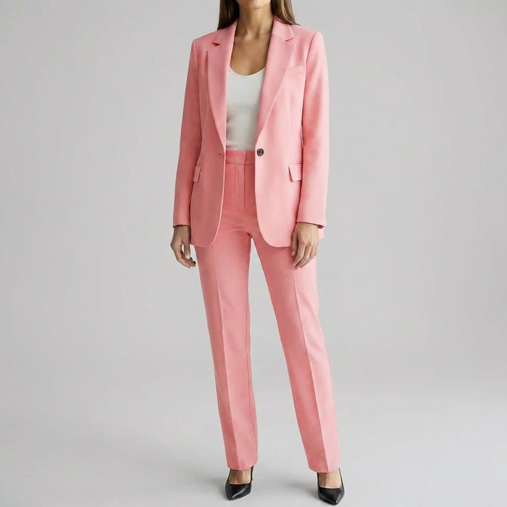 Rosa blazer och byx set för dam mot ljus bakgrund