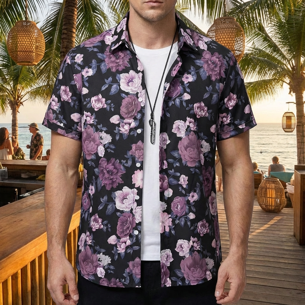 Man framifrån bärande en svart lilafärgad blommig hawaiiskjorta