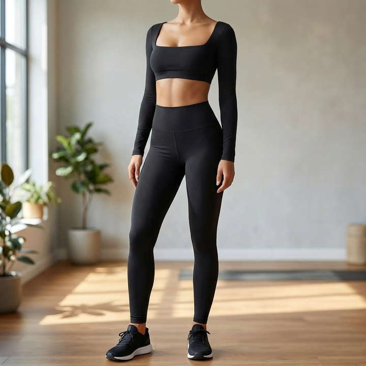 Dam sportset med crop top och matchande byxor i trendig träningsstil för fitness