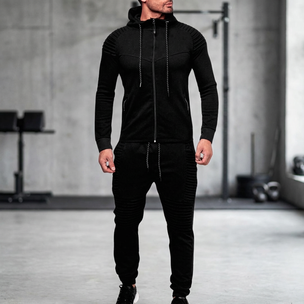 Man iklädd svart hooded tracksuit i en industriell träningslokal
