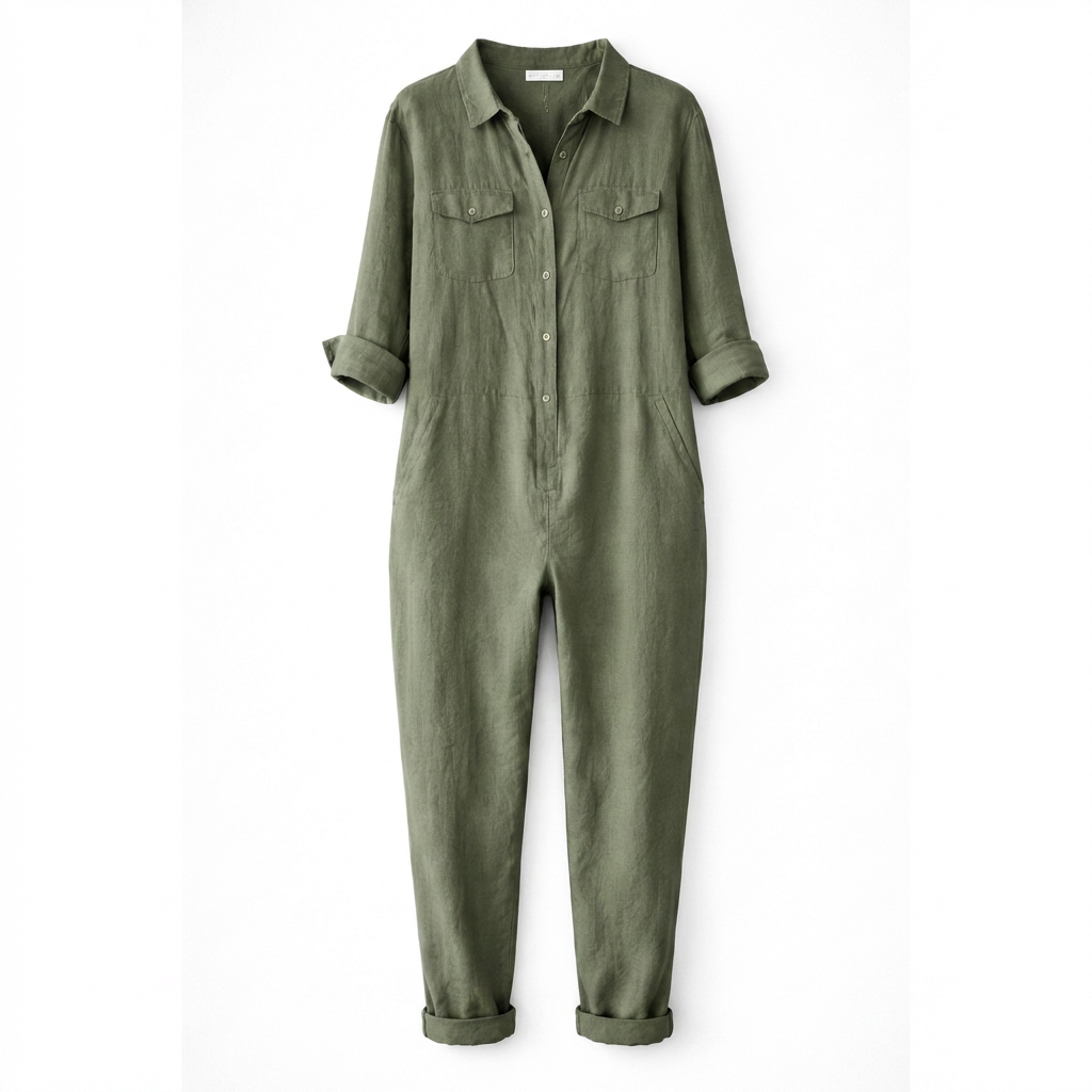 Grön damjumpsuit med knappar och fickor på vit bakgrund