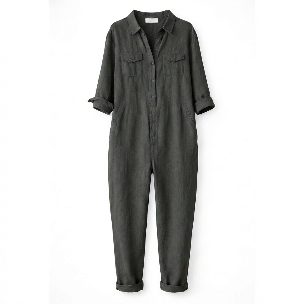 Närbild på tyget och knappstängningen på den stiliga damjumpsuiten för en bekväm vardagsstil