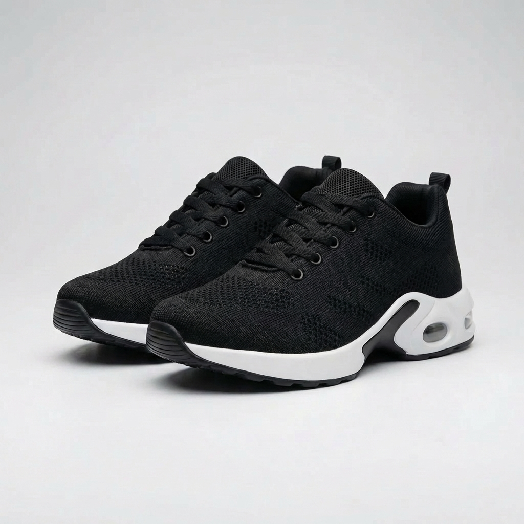 Par svarta luftkuddesneakers mot ljus bakgrund