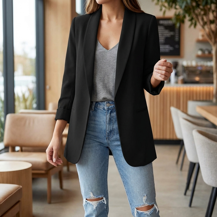 Kvinna som bär en elegant svart lång slim fit blazer på café