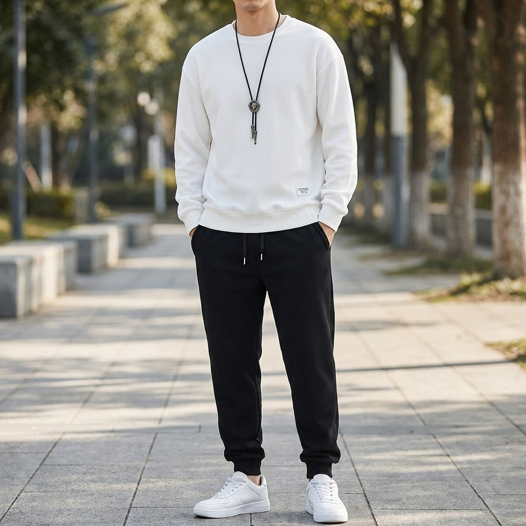 Man bär vit sweatshirt och svarta träningsbyxor utomhus