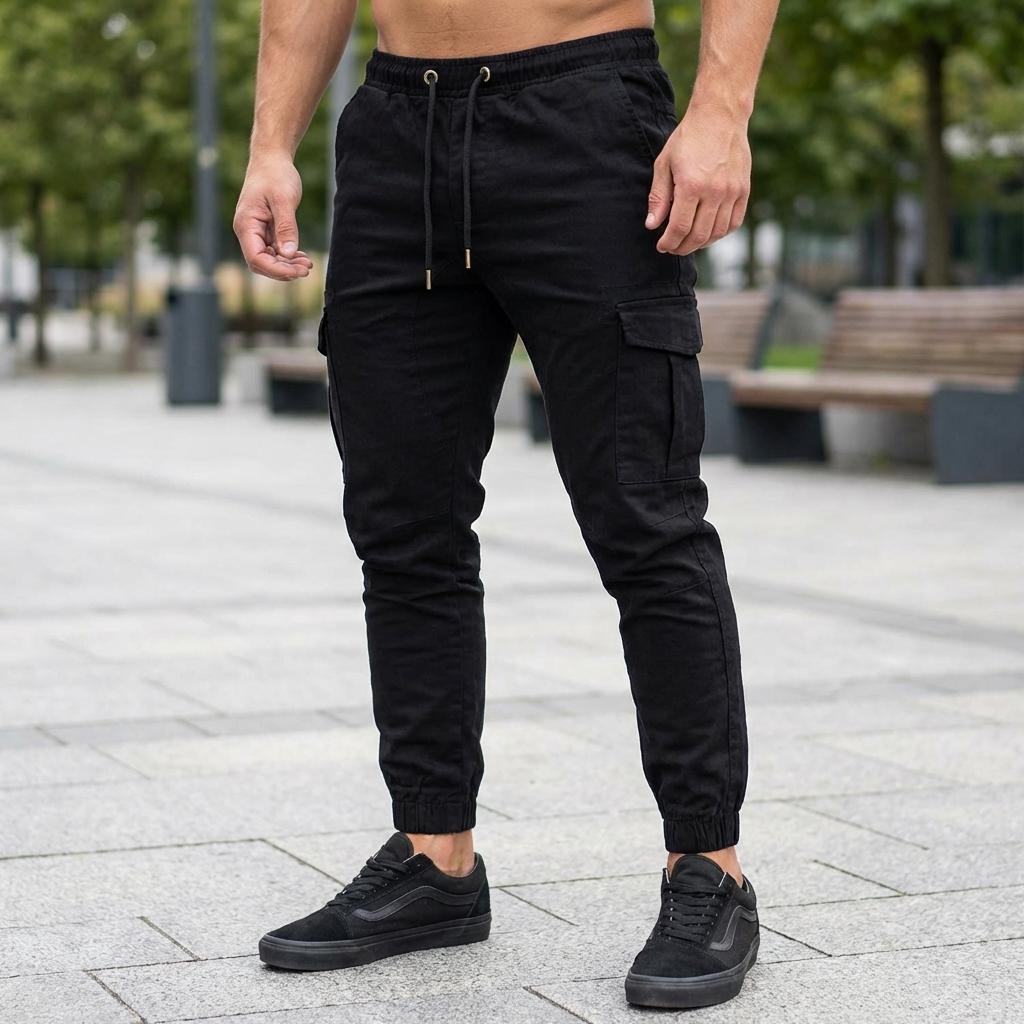 Svart modell av cargo joggers för män utomhus