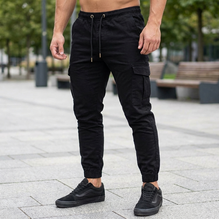 Svart modell av cargo joggers för män utomhus
