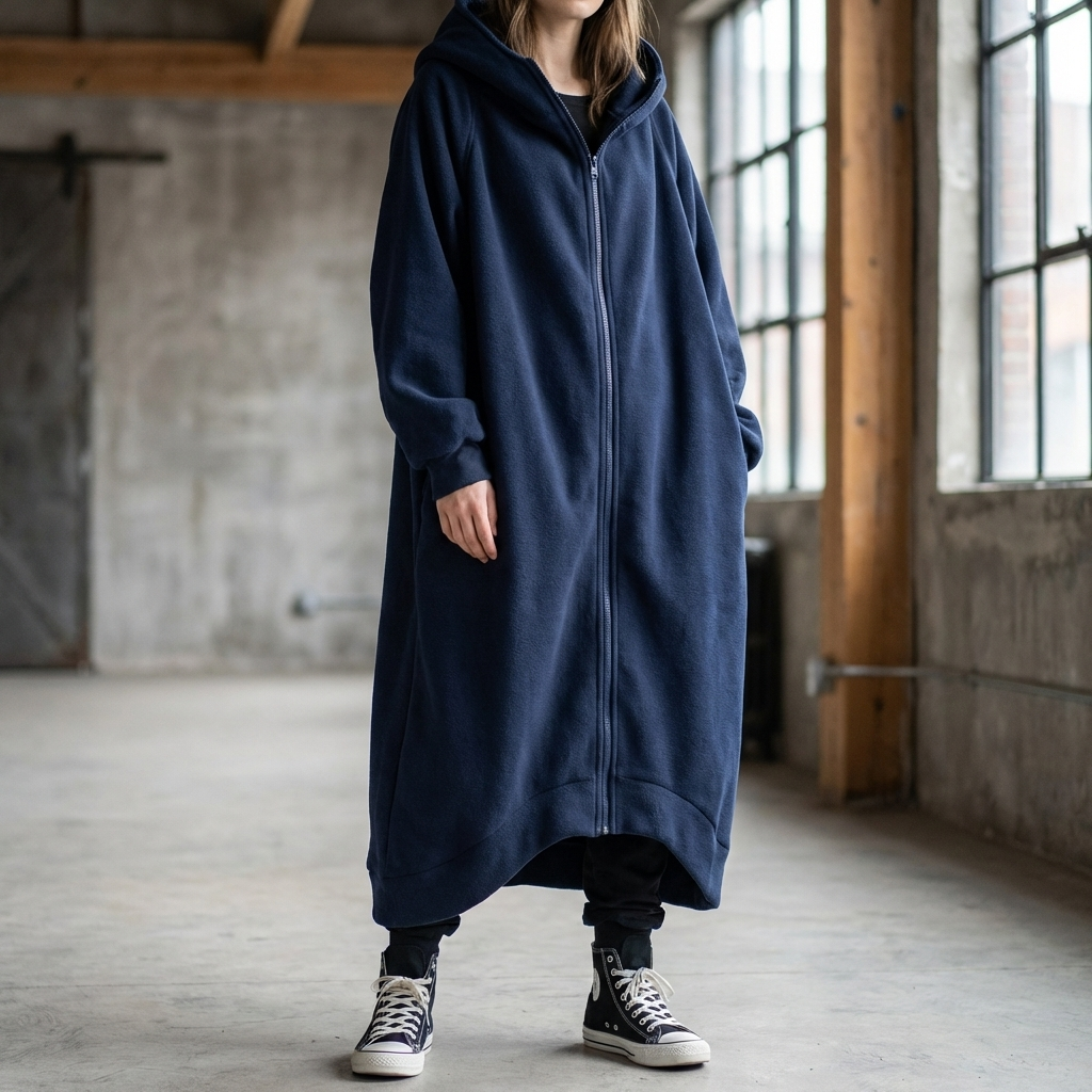 Kvinna iförd mörkblå oversized kappa med huva och dragkedja