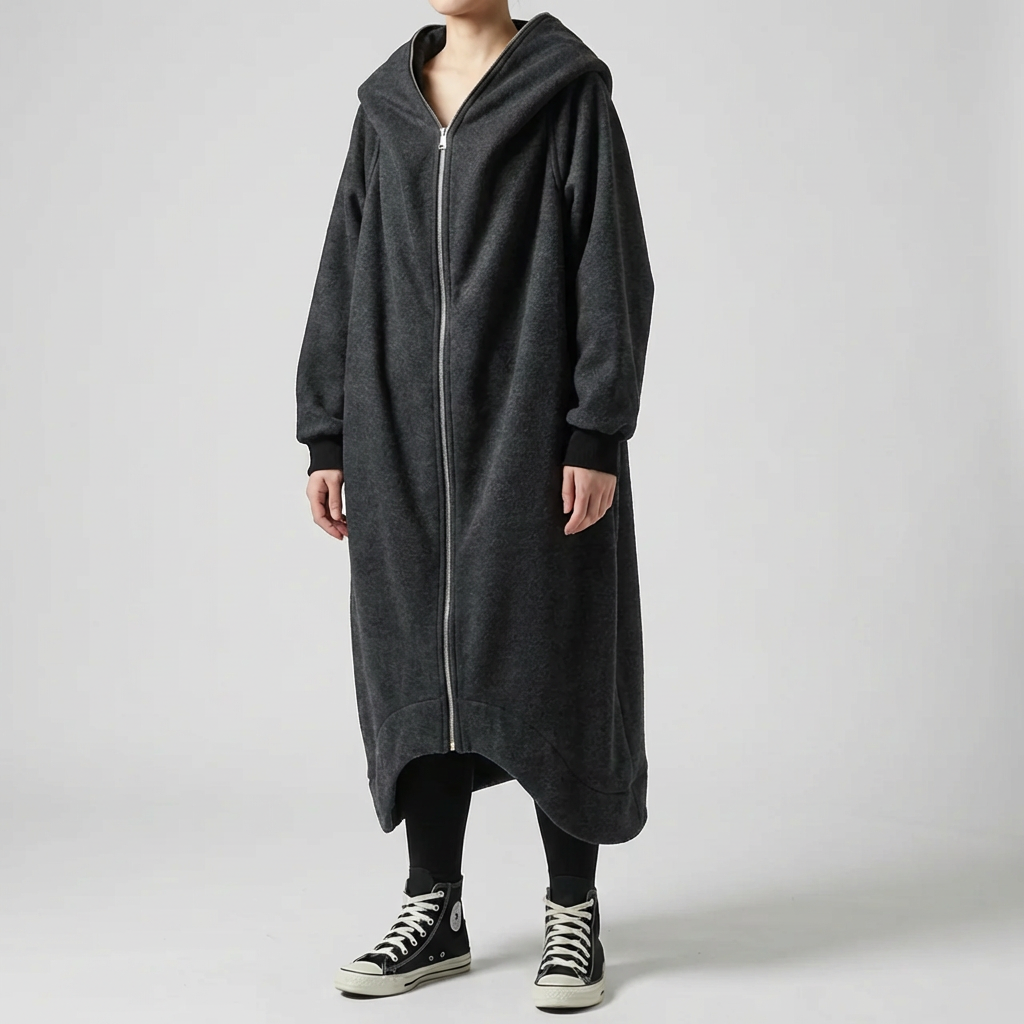 Oversized damkappa med huva och dragkedja i helfigur, stående ytterkläder