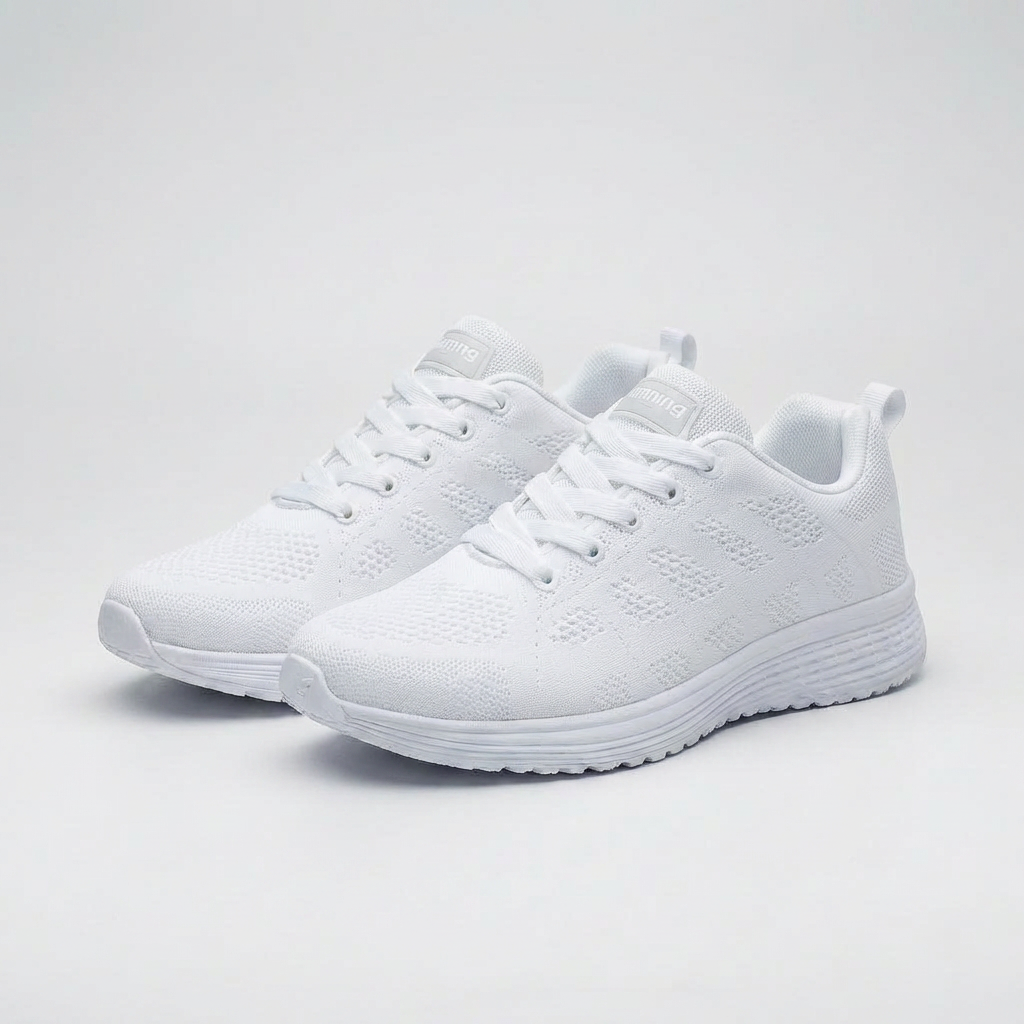 Klassiska vita sneakers för kvinnor mot en ljus bakgrund