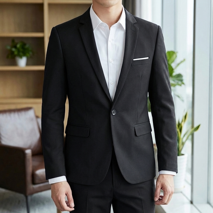 Man i svart slim fit business blazer och vit skjorta