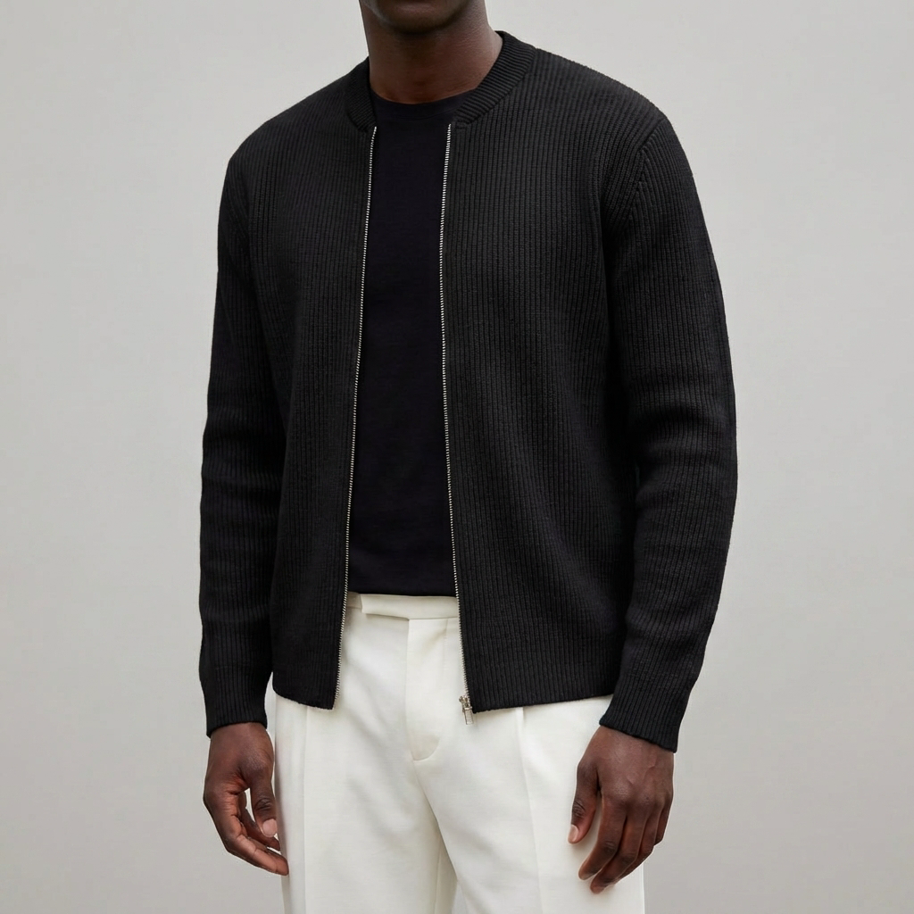Man iklädd svart stickad cardigan med dragkedja