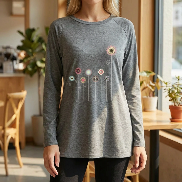 Kvinna i grå sweatshirt med blommönster