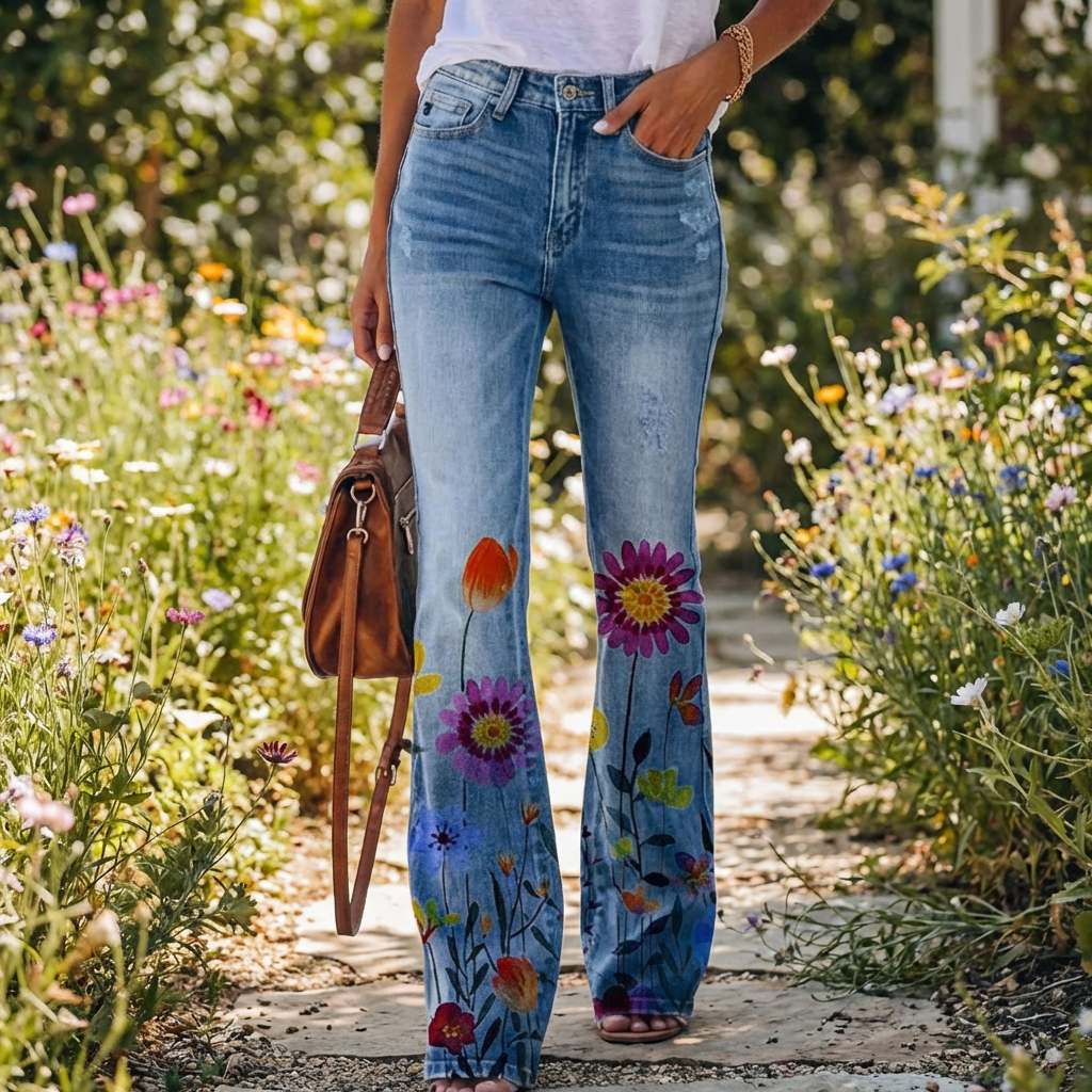 Kvinna i trädgård som bär utsvängda damjeans med blomstermotiv