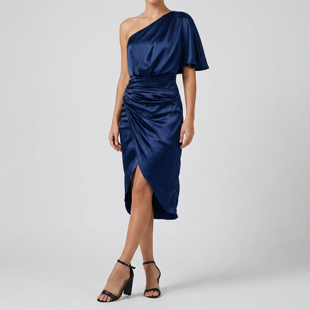 Blå asymmetrisk off-shoulder klänning på docka