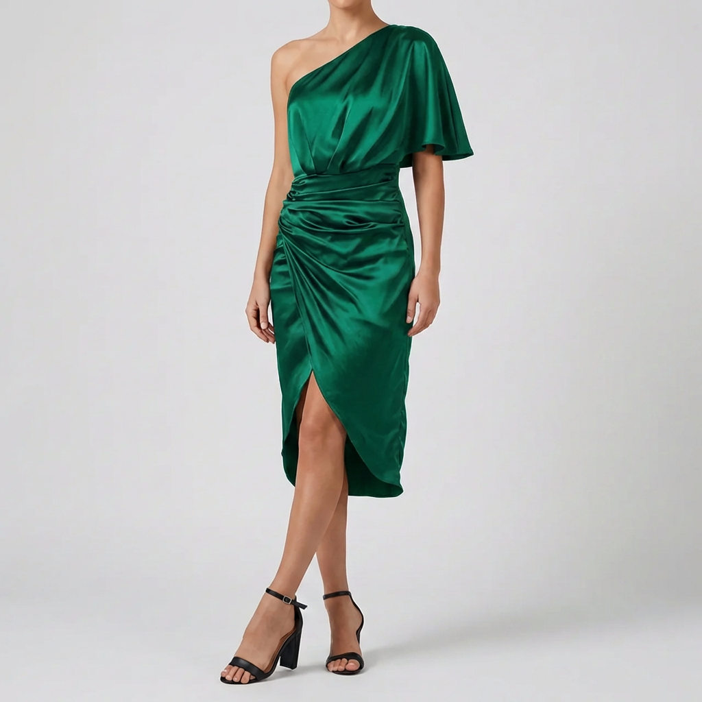 Svart cocktailklänning med off-shoulder skärning och asymmetrisk fåll