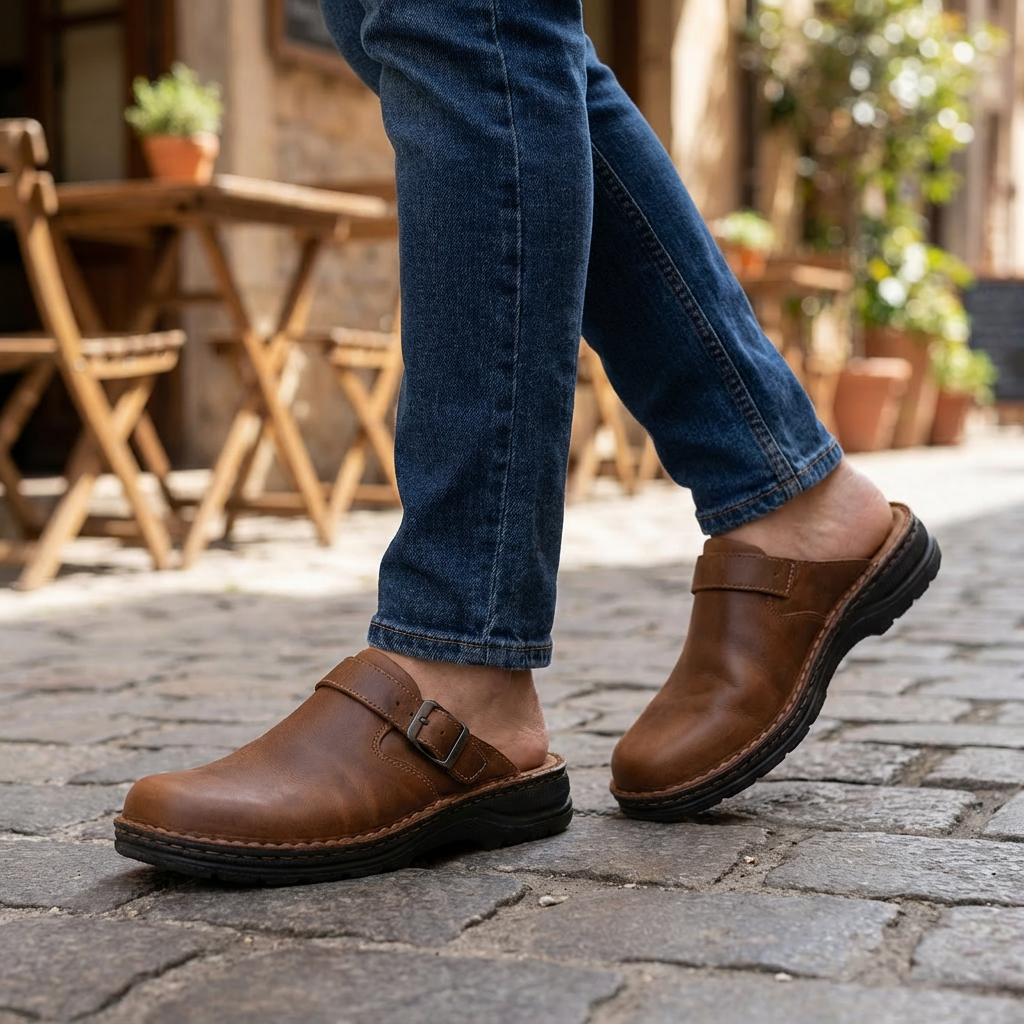 Mäns bruna slip-on mule tofflor burna med blå jeans på kullersten