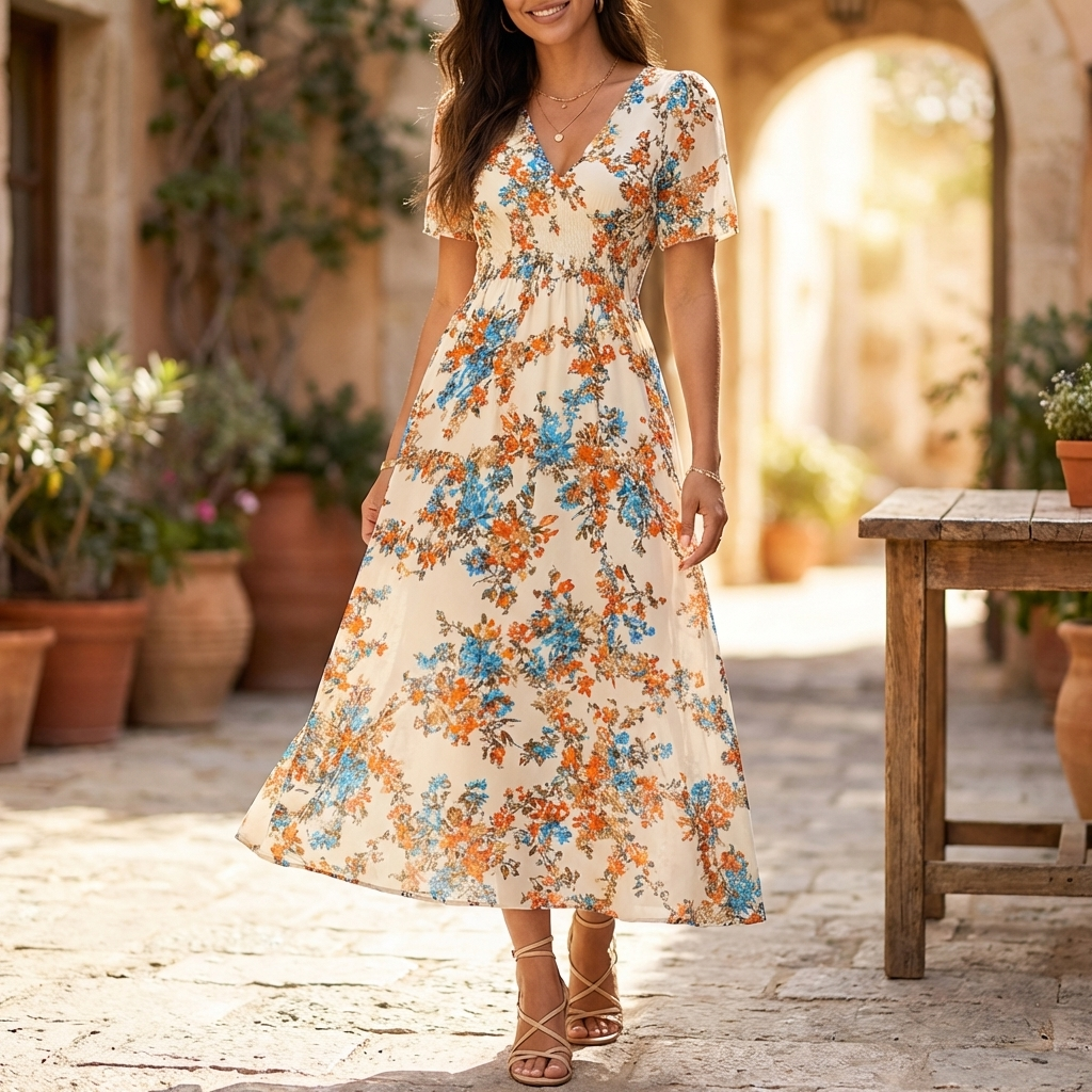 Kvinna som bär en elegant blommig midiklänning utomhus i gränd