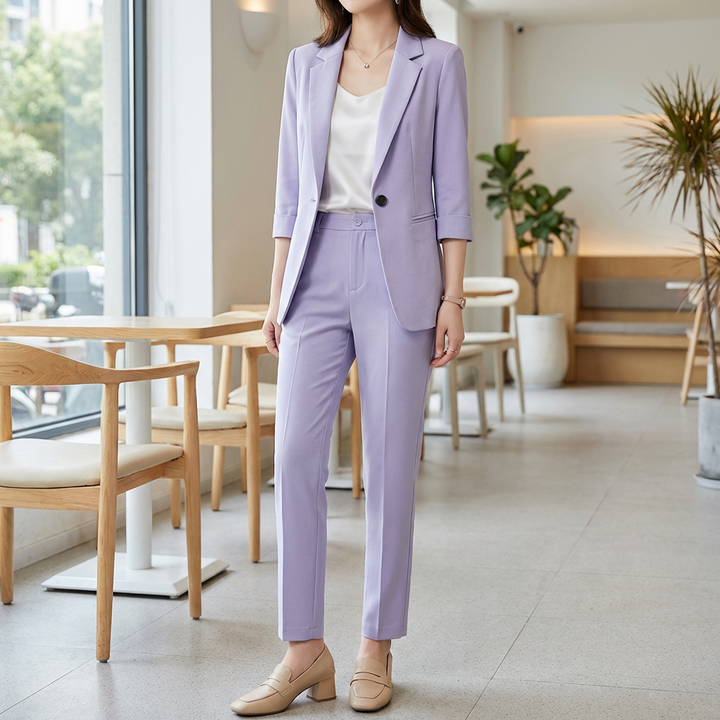 Dam iförd ett elegant lila formell kostymset med matchande blazer och byxor